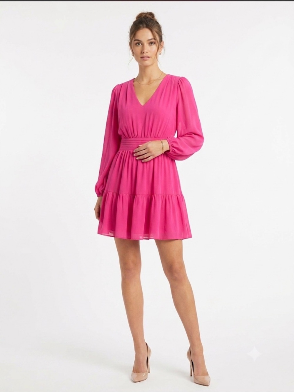 MSK Fuchsia Long Sleeve Tiered Mini Dress V-Neck Size Medium